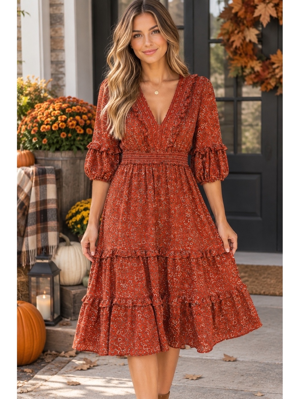 Max Studio Rust Floral Boho Ruffle Tiered Midi Dress Puff Sleeve M